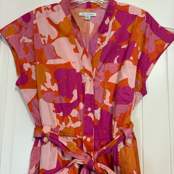 Floral Women Belted Midi Shirt Dress Cap Sleeves Sz S Orange Pink - Picture 2 of 14
